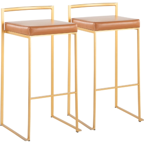 Fuji 30" Bar Stool in Camel Leatherette & Gold Metal (Set of 2)